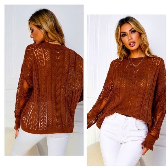 NWT! CONTRAST LACE POINTELLE KNIT DROP SHOULDER SWEATER IN RUST! - Picture 11 of 12